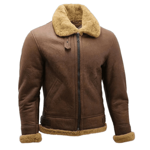 Mens Brown B3 Shearling Sheepskin WW2 Bomber Leather Flying Aviator Front Side