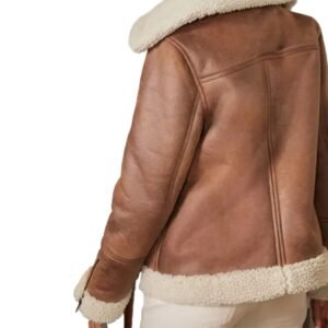 Women Brown Sheepskin Shearling Leather Aviator Jacket BACK SIDE