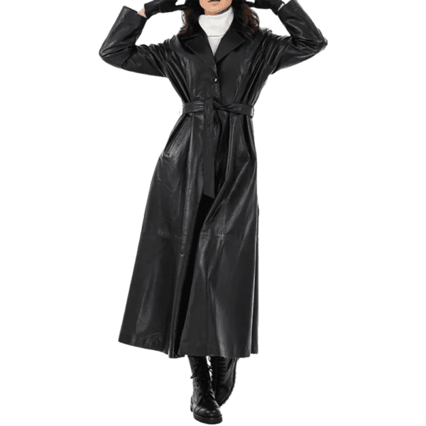 Alisa Women’s Black Leather Trench Coat Front Full length Side