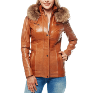 Pinar Women’s 100% Real Tan Leather Hooded Jacket Front Side