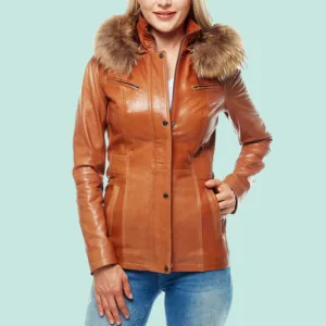 Pinar Women’s 100% Real Tan Leather Hooded Jacket Front Side