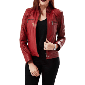 Ruby Women’s Red Leather Vintage Classic Jacket Front Unzipped Side