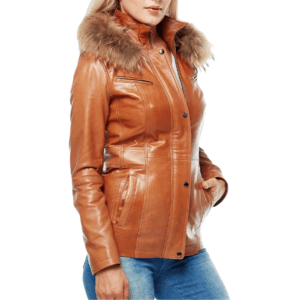 Pinar Women’s 100% Real Tan Leather Hooded Jacket Shoulder Side