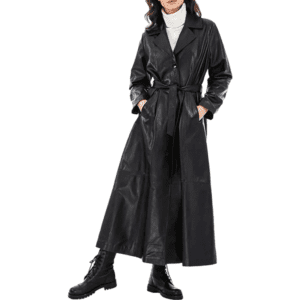 Alisa Women’s Black Leather Trench Coat Front Side