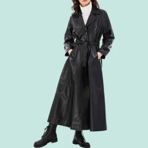 Alisa Women’s Black Leather Trench Coat Front Side