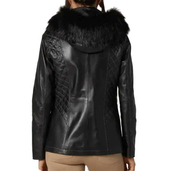 Women’s Black Leather Hooded Dazzling Jacket back Side