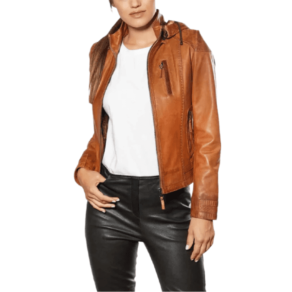 Women’s Tobacco Leather Hooded Sport Jacket Right Shoulder Side