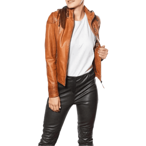 Women’s Tobacco Leather Hooded Sport Jacket Back Side