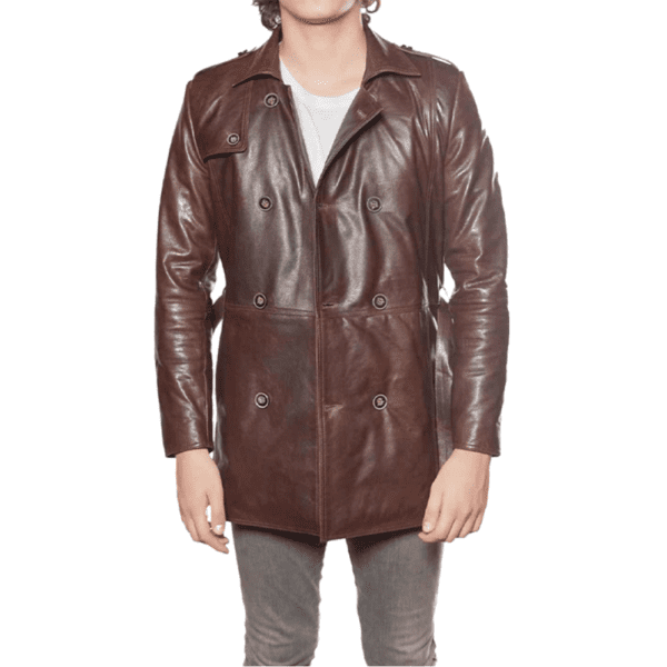 Men’s 100% Real Brown Leather Trench Coat Front Side