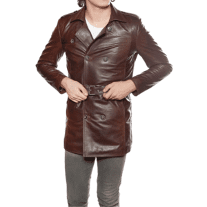 Men’s 100% Real Brown Leather Trench Coat Front Side