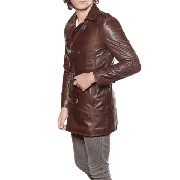 Men’s 100% Real Brown Leather Trench Coat Right Hand Side