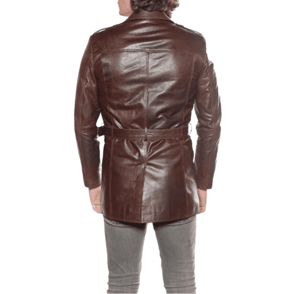 Men’s 100% Real Brown Leather Trench Coat Back Side