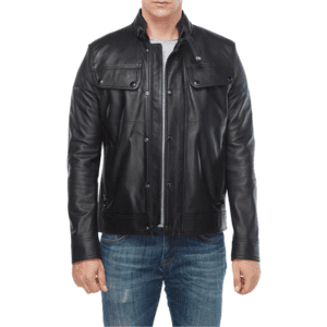 David Beckham Men’s Trucker Style Black Leather Jacket Front Side