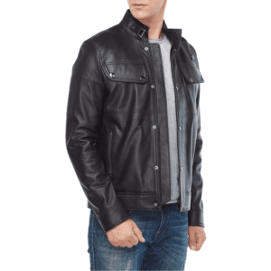 David Beckham Men’s Trucker Style Black Leather Jacket Left Hand Side