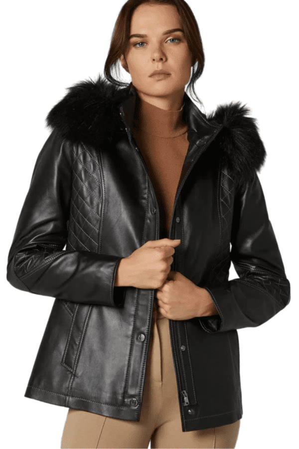 Women’s Black Leather Hooded Dazzling Jacket Front Side