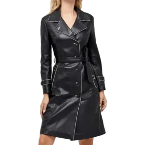 Anastasia Women’s Black Leather Double Breasted Trench Coat Front Buttoned side