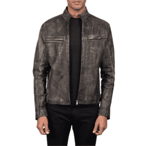 Ionic Distressed Brown Leather Biker Jacket Front Side