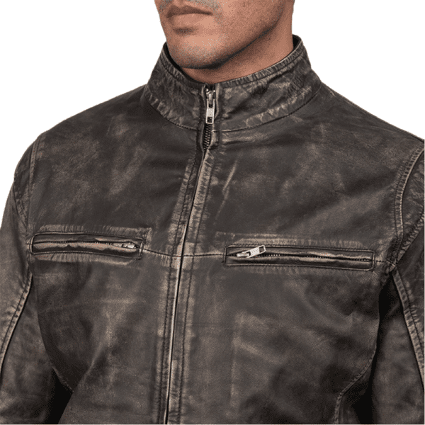 Ionic Distressed Brown Leather Biker Jacket Colar Side