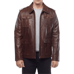 Jamie Campbell Bower Men’s Brown Trucker Style Leather Jacket Front Side