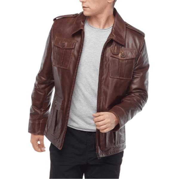 jamie Campbell Bower Men’s Brown Trucker Style Leather Jacket Front Side