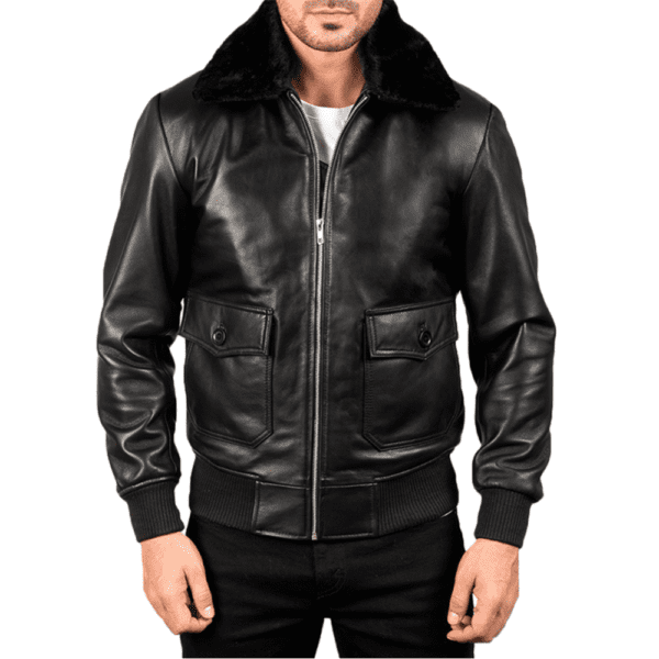 Airin G-1 Black Leather Bomber Jacket Front Side