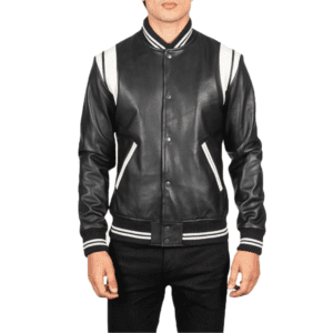 Dantee Black Leather Varsity Jacket Front Side