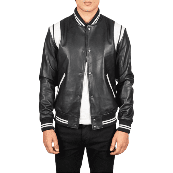 Dantee Black Leather Varsity Jacket Front Side