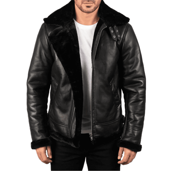 Francis B-3 Black Leather Bomber Jacket Front Side