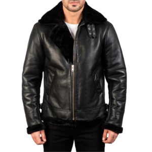 Francis B-3 Black Leather Bomber Jacket Front Side