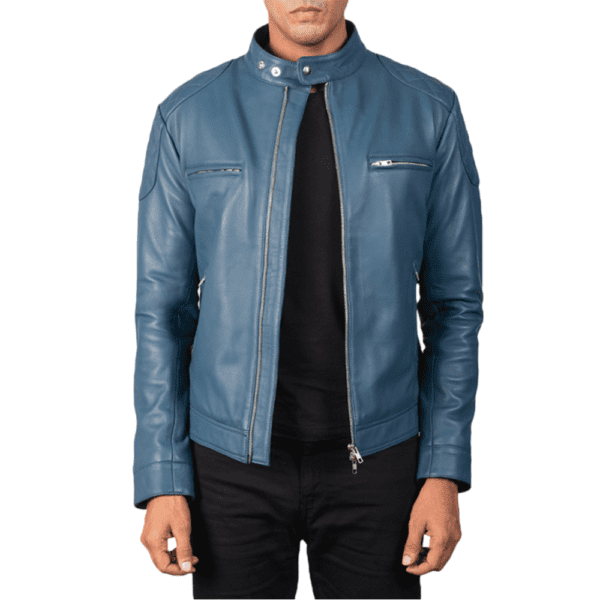 Gatsby Blue Leather Biker Jacket Front Side