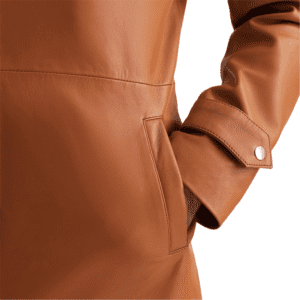 Infinity Tan Brown Leather Coat Pocket Side