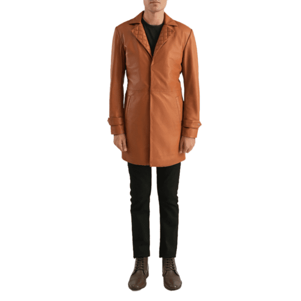 Infinity Tan Brown Leather Coat Front Side