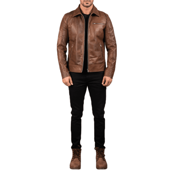 Lavendard Brown Leather Biker Jacket Front Side