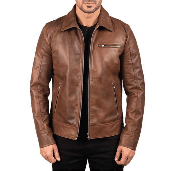 Lavendard Brown Leather Biker Jacket Front Side