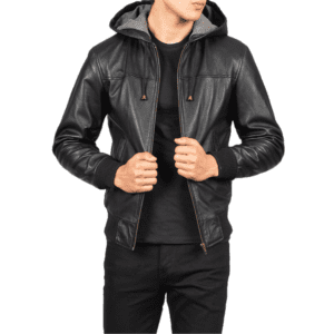 Nintenzo Black Hooded Leather Bomber Jacket Front Side