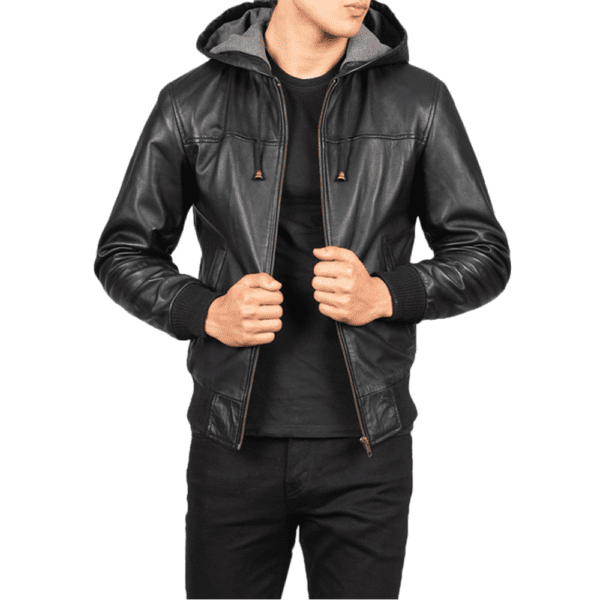 Nintenzo Black Hooded Leather Bomber Jacket Front Side