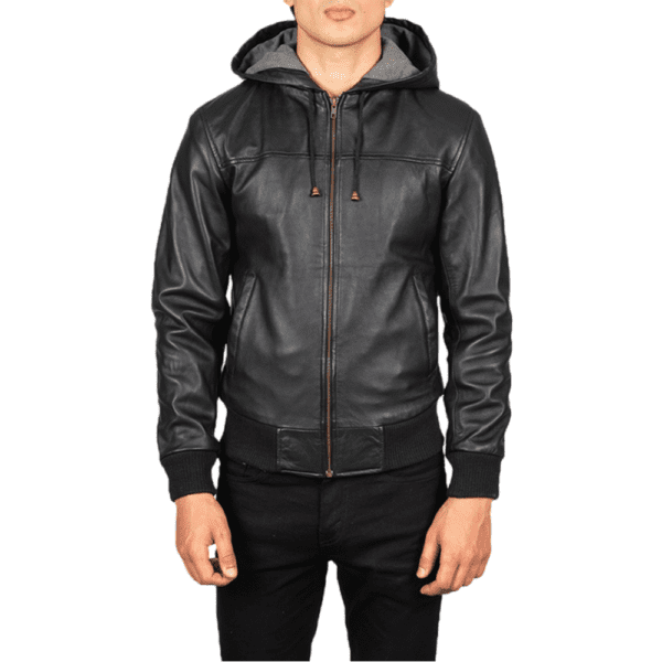 Nintenzo Black Hooded Leather Bomber Jacket Front Side