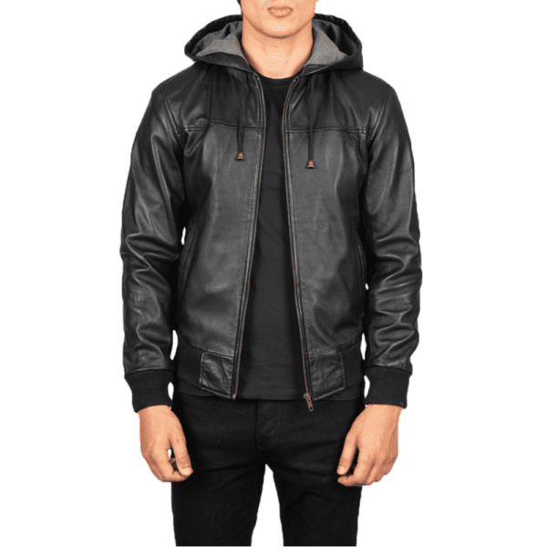 Nintenzo Black Hooded Leather Bomber Jacket Front Side