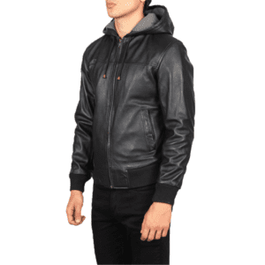 Nintenzo Black Hooded Leather Bomber Jacket Right Side