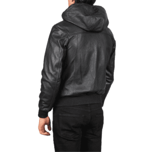 Nintenzo Black Hooded Leather Bomber Jacket Back Side