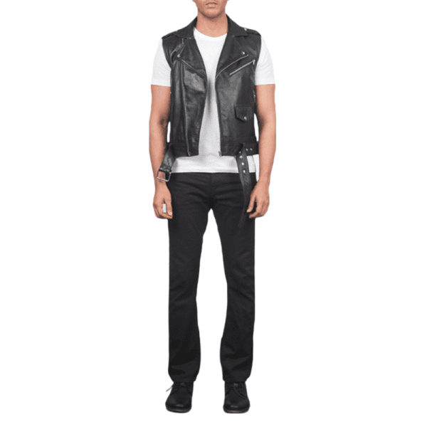 Sullivan Black Leather Biker Vest Front Side