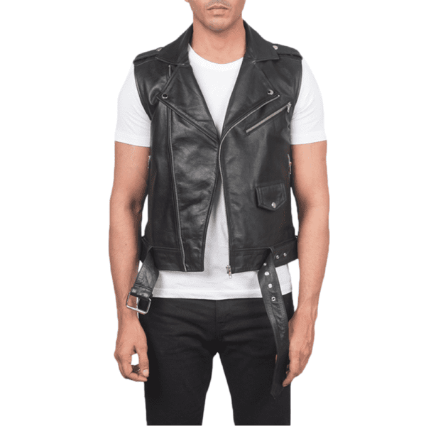 Sullivan Black Leather Biker Vest Front Side