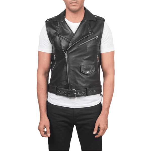 Sullivan Black Leather Biker Vest Front Side