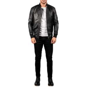 Bomia Ma-1 Black Leather Bomber Jacket Front Side