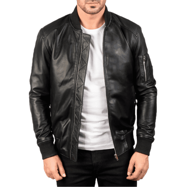 Bomia Ma-1 Black Leather Bomber Jacket Front Side