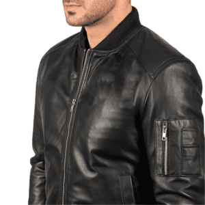 Bomia Ma-1 Black Leather Bomber Jacket Shoulder Side