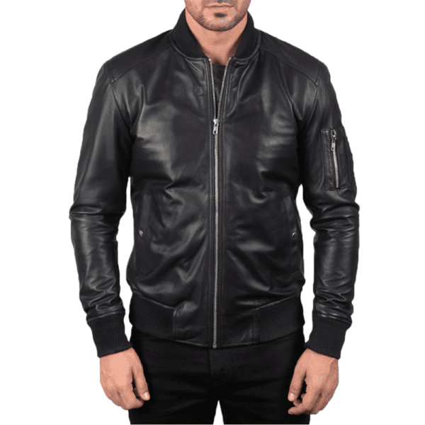 Bomia Ma-1 Black Leather Bomber Jacket Front Side