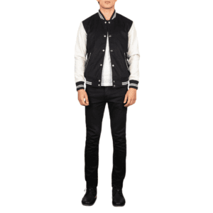 Vaxton Black & White Hybrid Varsity Jacket Front Side