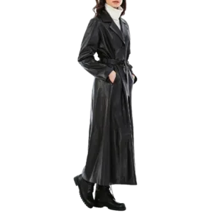 Alisa Women’s Black Leather Trench Coat Shoulder Side