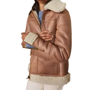 Women Brown Sheepskin Shearling Leather Aviator Front Shoulder side